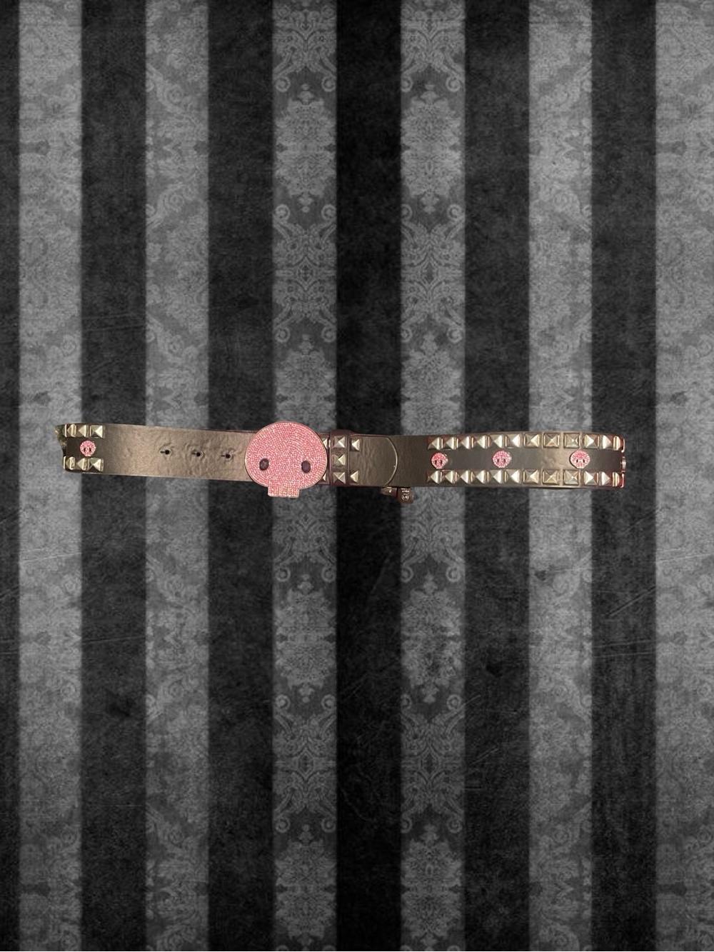 Studded Brown Leather Belt with Pink Skull Accent